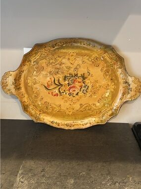 Vintage Decorative Hand-Painted Paper Mache Tray in Gold and Floral